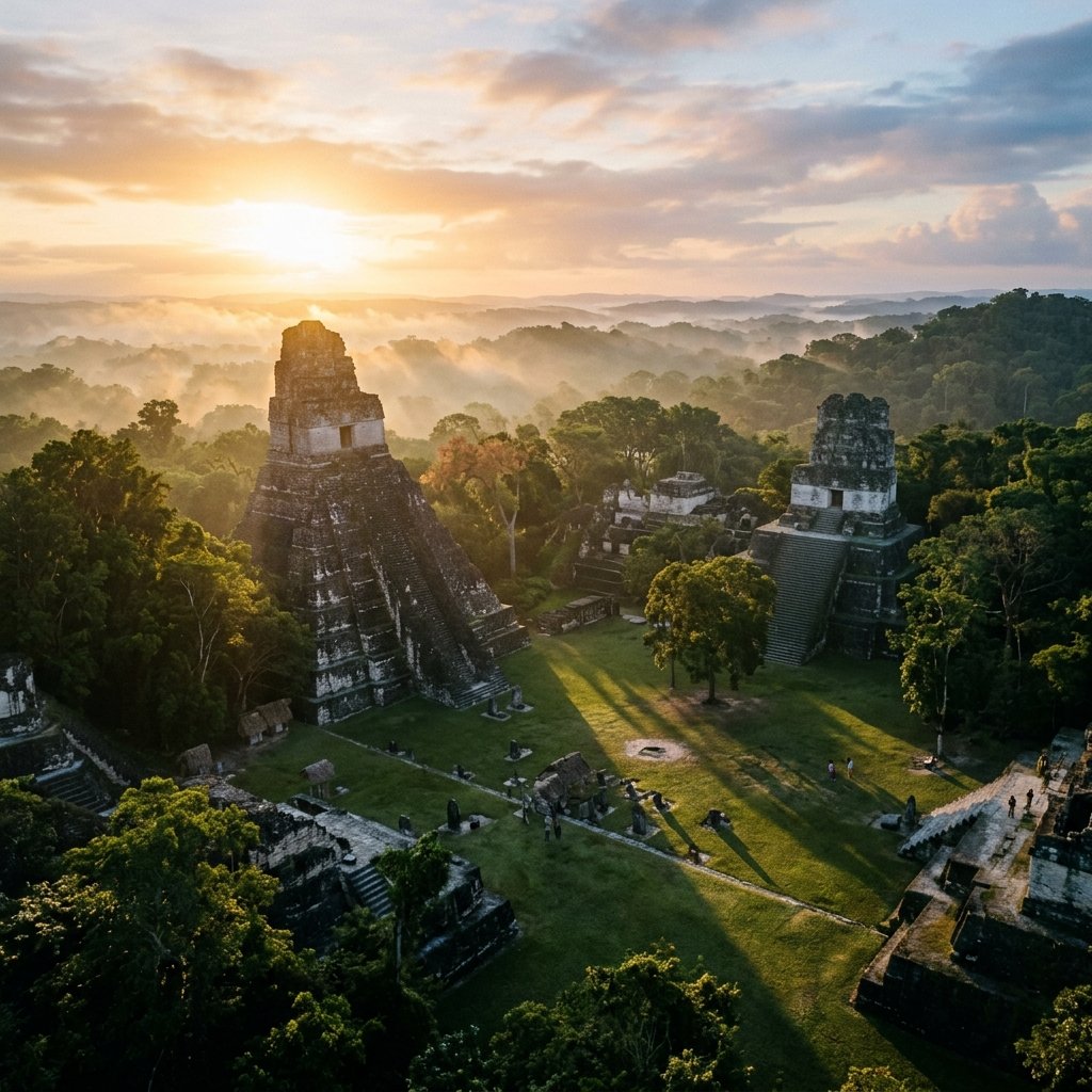 Breathtaking dawn photograph over ancient Maya temple pyramids in lush jungle, long dramatic shadows stretching across the plaza conveying the passage of cyclical time