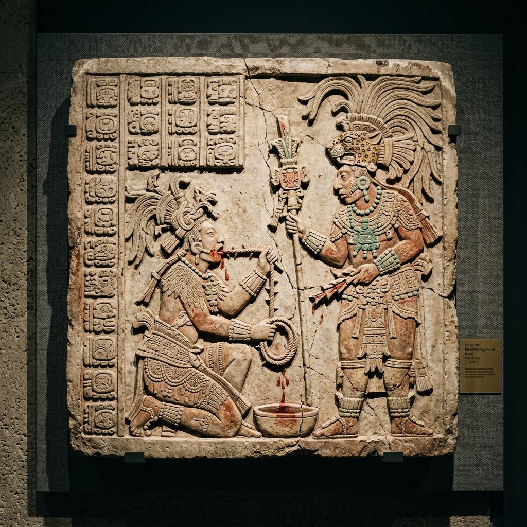 Ancient Maya carved stone lintel with bloodletting ritual scene and hieroglyphic text