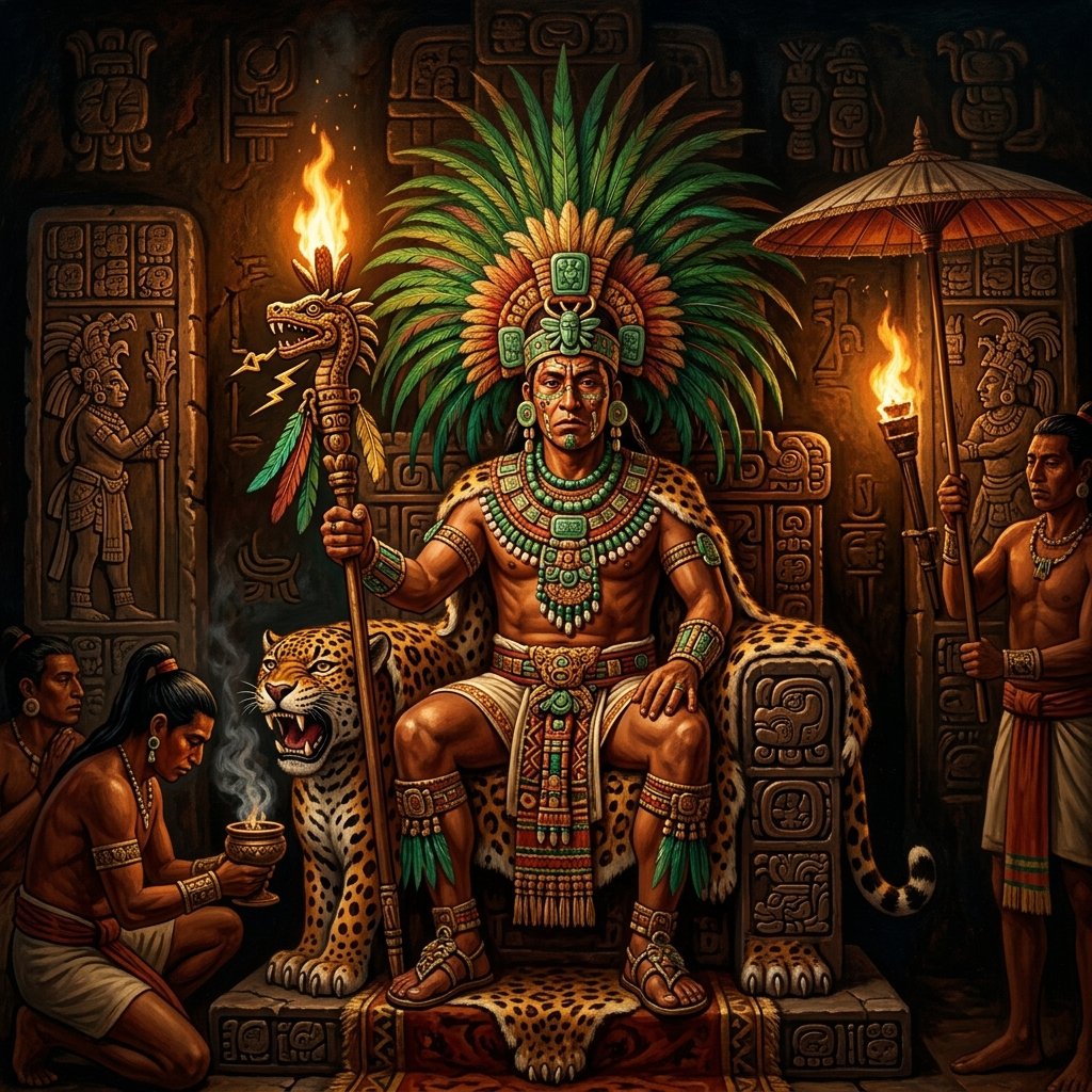 Carved Maya stela depicting a king in full ceremonial regalia with the K'uhul Ajaw title glyph