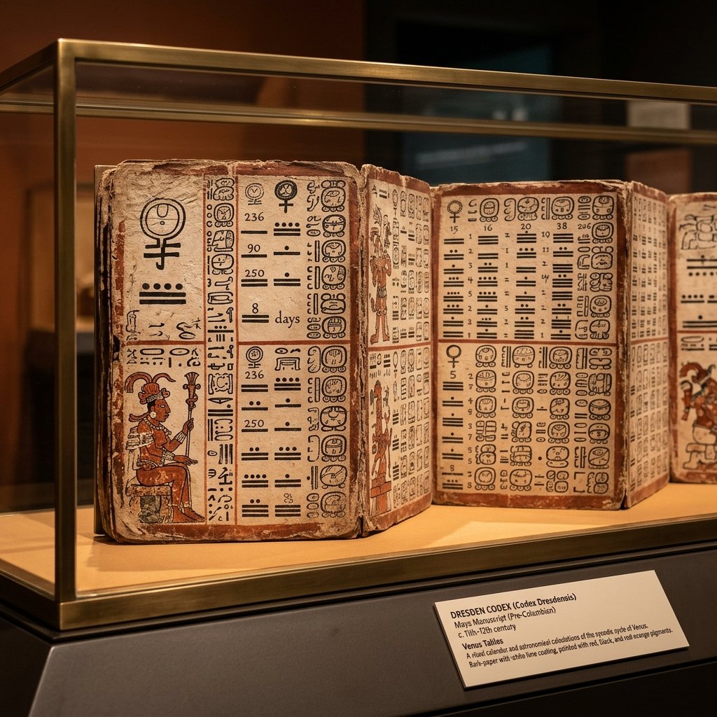 Pages of the Dresden Codex showing intricate Maya astronomical tables with hieroglyphic text and painted deity figures