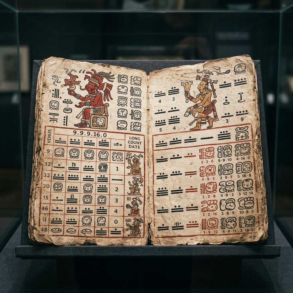 Page from the Maya Dresden Codex showing painted hieroglyphic text and deity figures