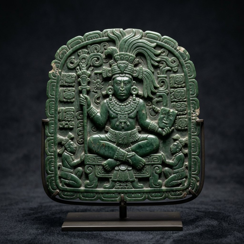 Ancient Maya jade pectoral showing carved seated ruler figure in deep green jadeite
