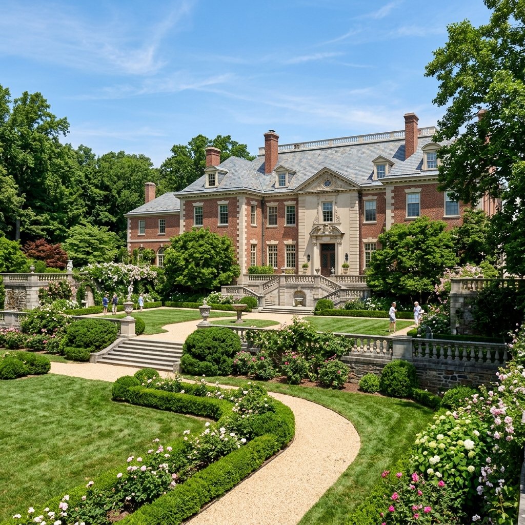 Dumbarton Oaks museum exterior — historic brick and stone mansion in Georgetown, Washington DC with manicured gardens