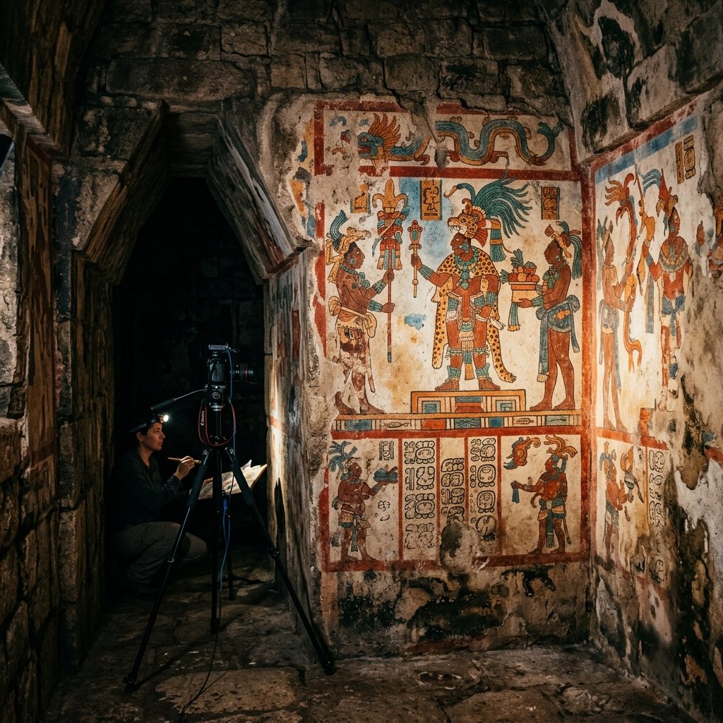 Close-up details of vividly painted Maya murals showing warriors and court scenes