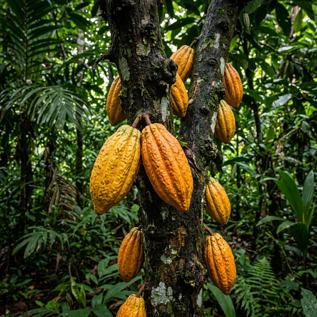 Ripe golden-yellow cacao pods growing directly from the trunk of a cacao tree in a tropical lowland forest, with dappled light filtering through the canopy