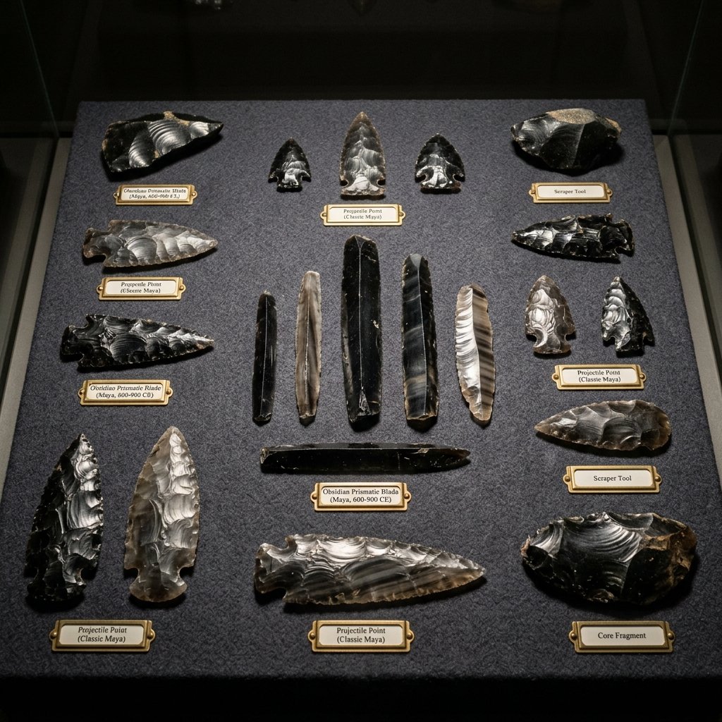 A collection of ancient Mesoamerican obsidian blades and tools arranged on a dark surface, showing translucent volcanic glass with sharp edges and conchoidal fracture patterns