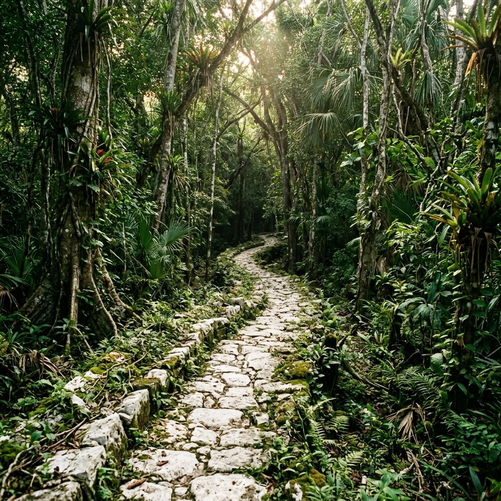 An ancient Maya raised stone causeway cutting through dense tropical jungle, with white limestone path partially overgrown with vegetation, shafts of sunlight piercing the canopy