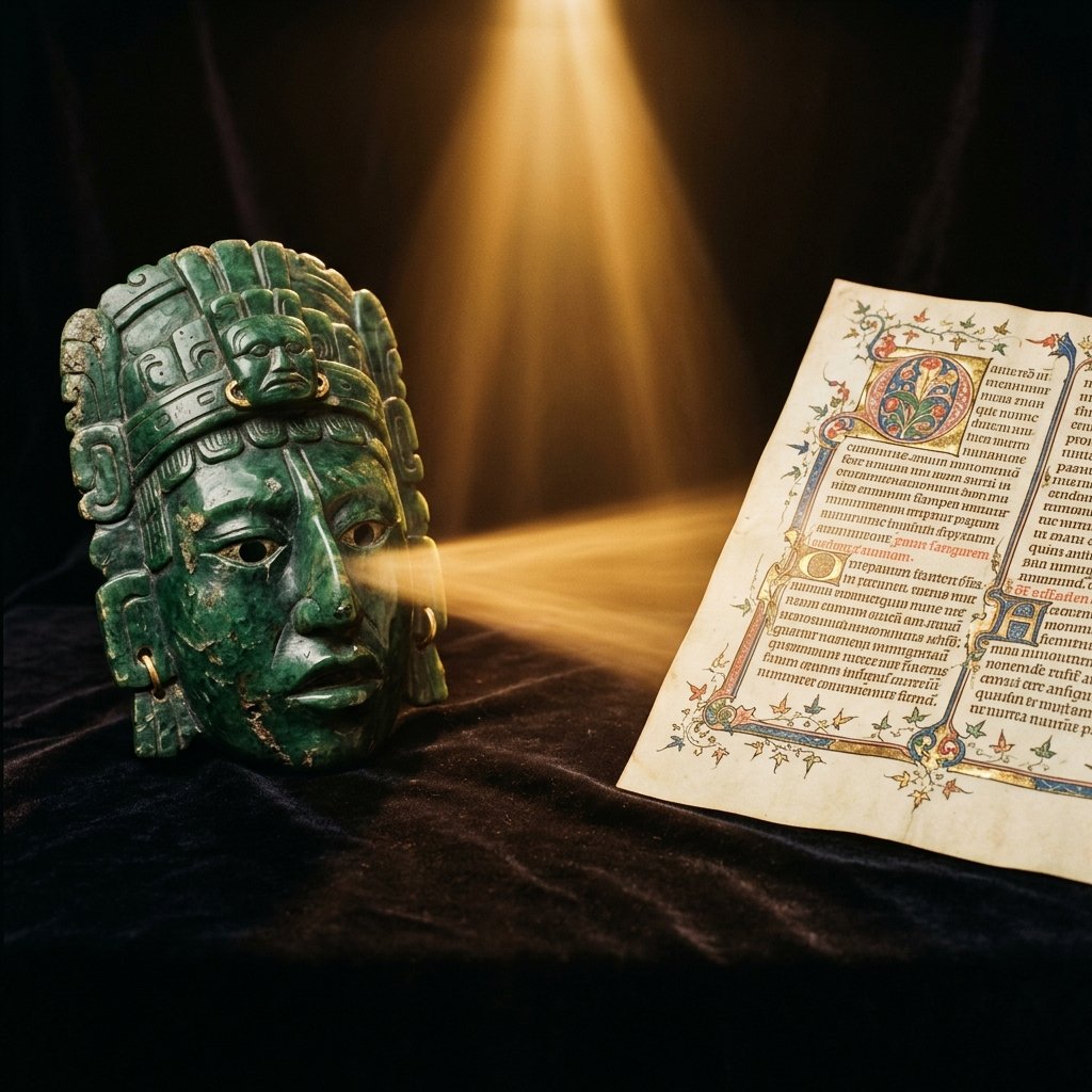 An ancient jade mask and an illuminated manuscript page facing each other on dark velvet, connected by a beam of golden light — a metaphor for the bridge between archaeological and faith-based approaches to the past