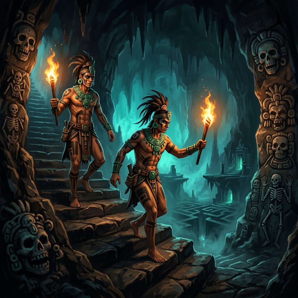 Dramatic illustration of the Hero Twins descending into the Maya underworld of Xibalba
