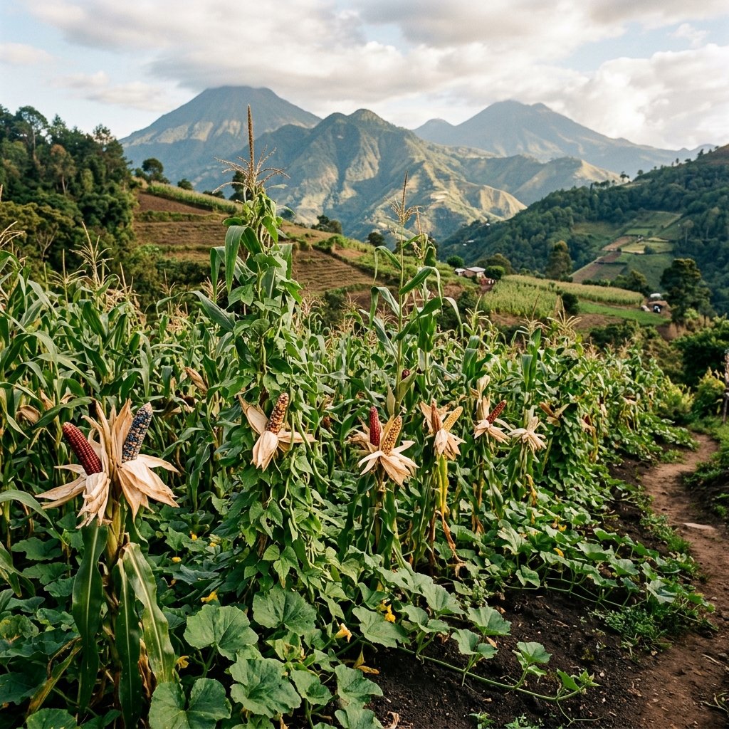 A traditional Maya milpa showing tall stalks of heirloom maize growing alongside squash vines and bean plants — the classic three sisters companion planting system