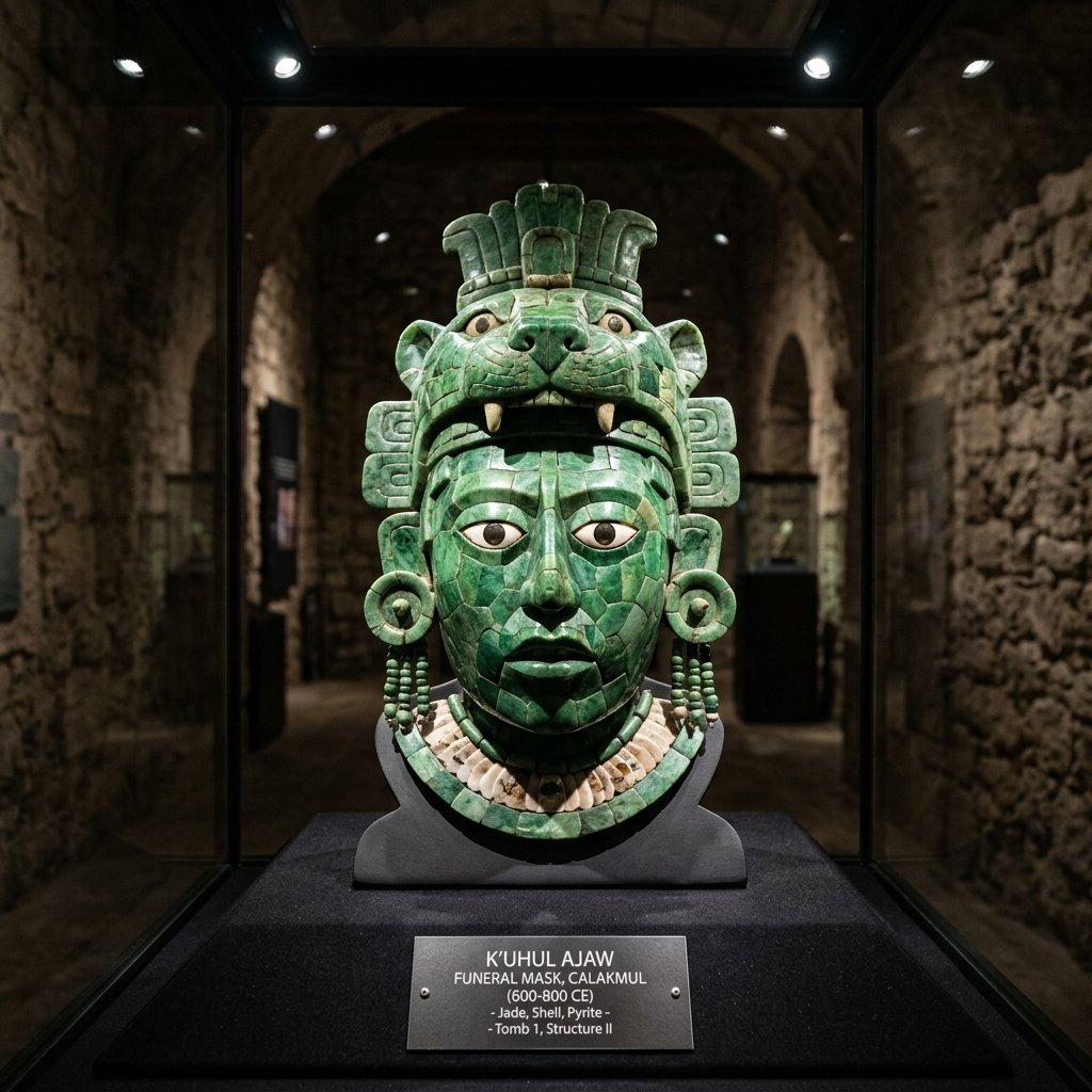 Maya jade funeral mask from Calakmul displayed at Fuerte de San Miguel