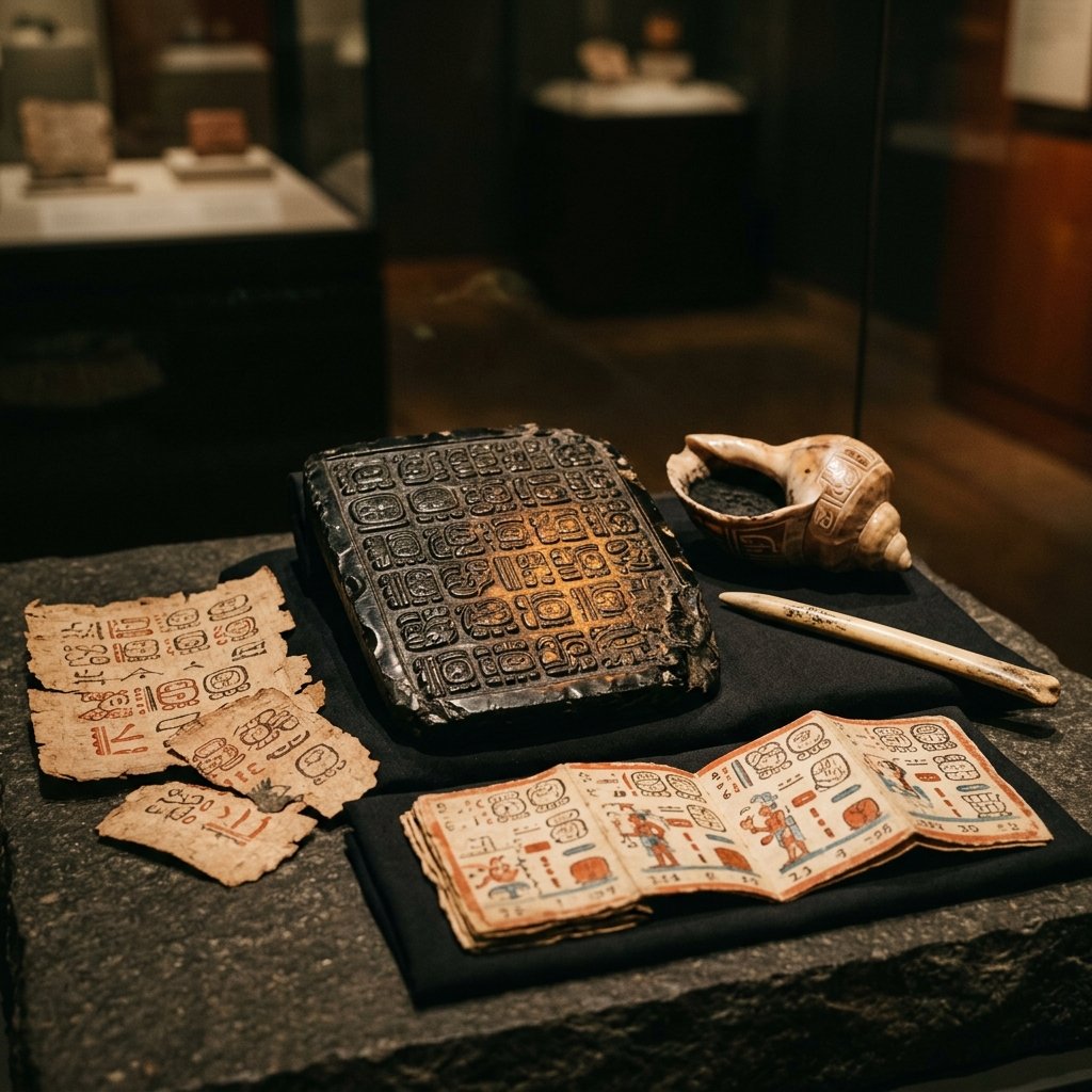 Ancient Maya scribe's workspace with hieroglyphic tablets, bark-paper codex, bone stylus, and pigment vessel — museum artifact display