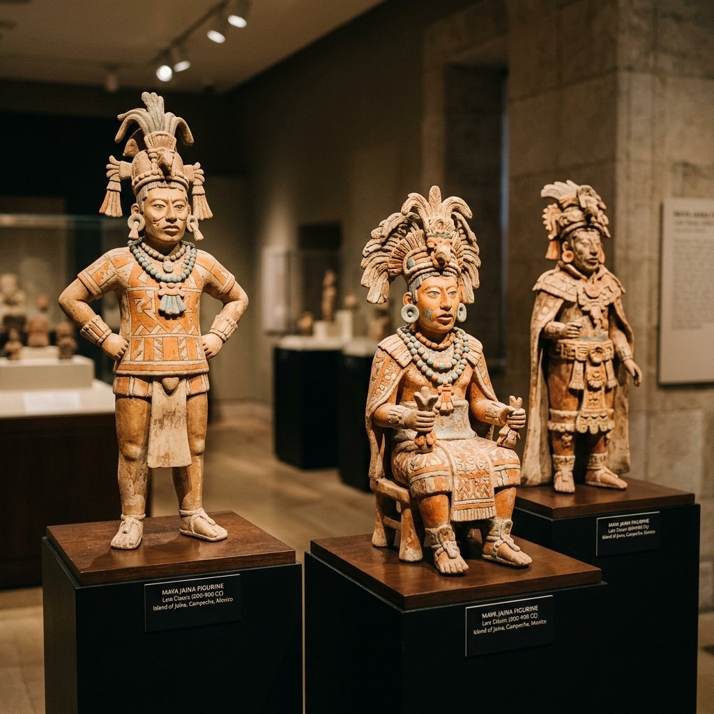 Maya Jaina figurines — hollow ceramic figurines showing Maya nobles in elaborate costume from the Island of Jaina