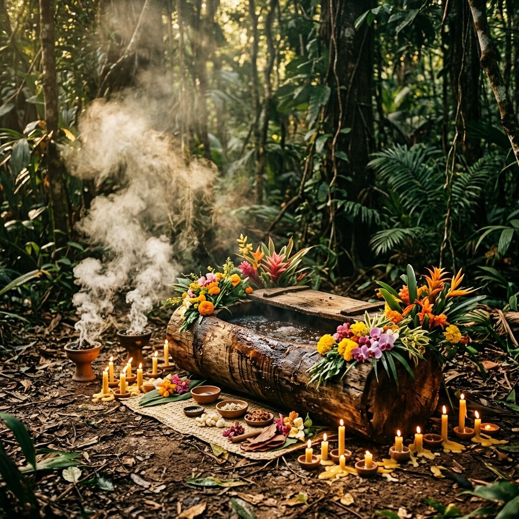 Traditional Maya ceremony with a hollowed log of fermenting balché wine surrounded by copal incense smoke in a jungle clearing