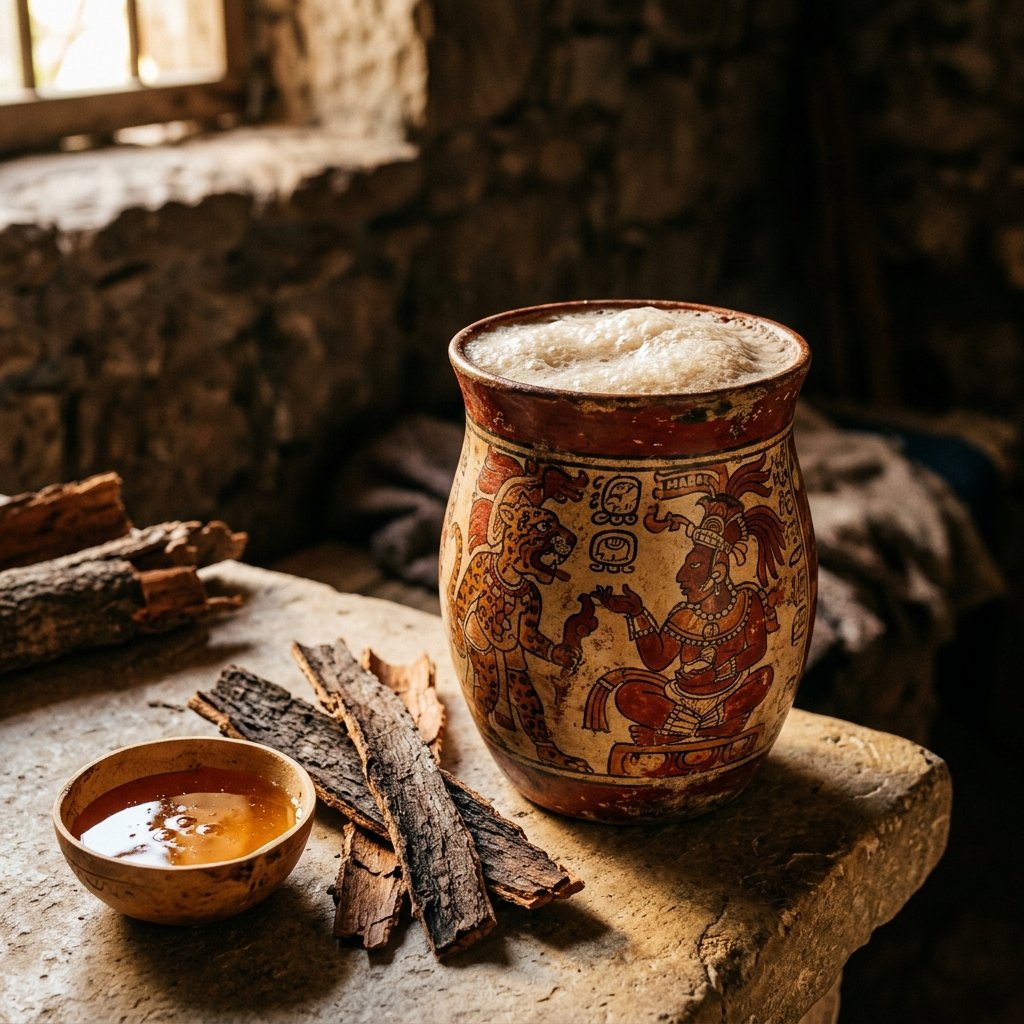 Ancient Maya ceramic vessel filled with a milky fermented beverage balché, catching warm light next to tree bark and honey