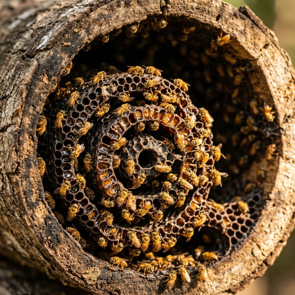 Close-up of native stingless bees on their spiral honeycomb inside a traditional Maya log hive, golden light illuminating the bees and honey