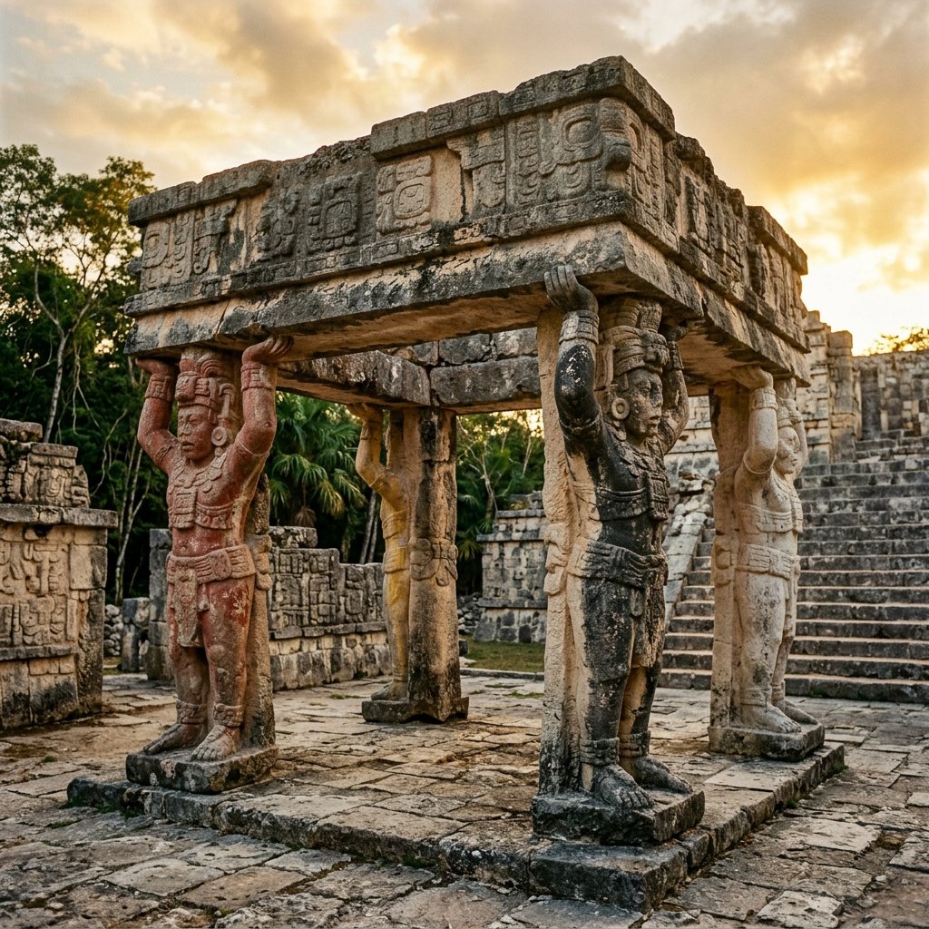 Four ancient Maya carved stone atlantes figures with arms raised supporting a massive stone lintel, each facing a cardinal direction
