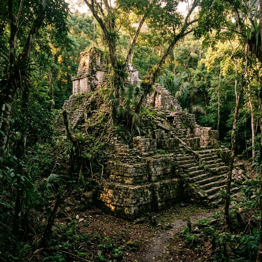 Overgrown ancient Maya ruins at Tortuguero in dense tropical jungle, partially collapsed stone temple foundations covered in vegetation