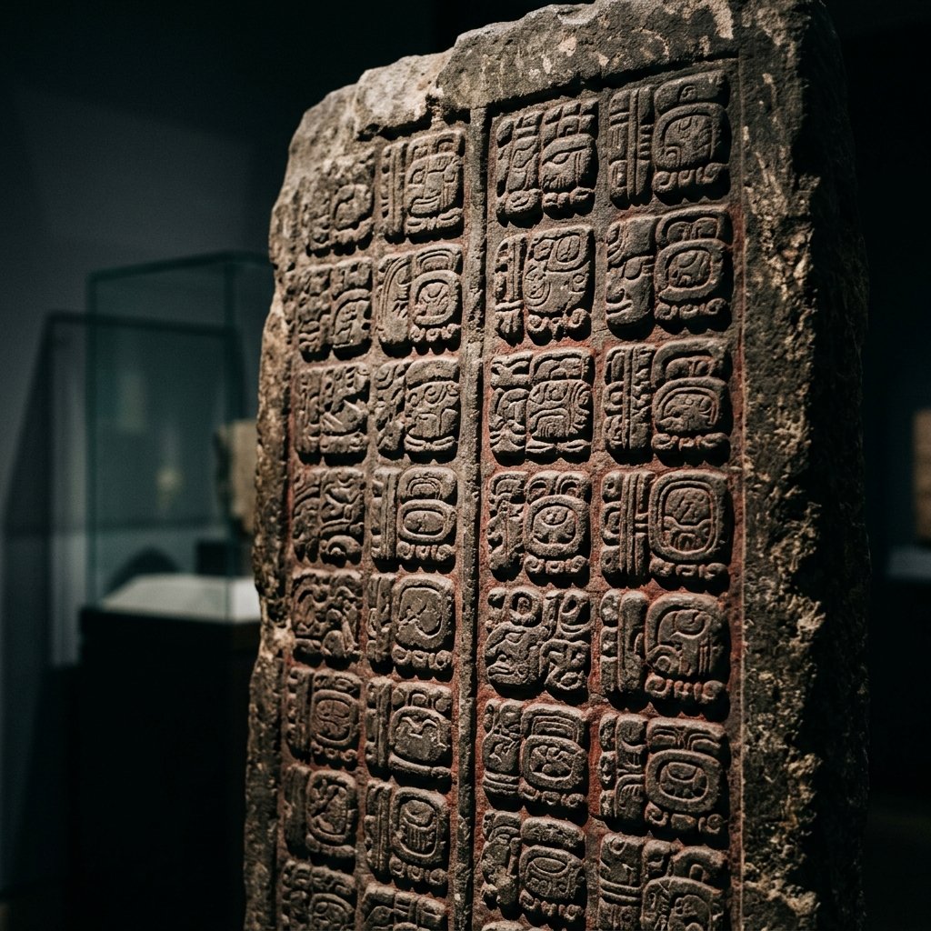 Ancient Maya carved stone tablet with deeply incised hieroglyphic inscriptions and traces of red pigment, dramatic raking museum light