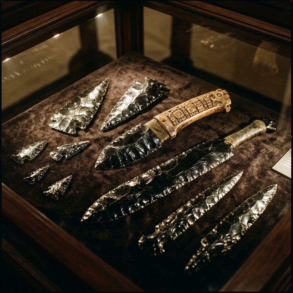 Collection of ancient Maya obsidian weapons displayed on dark velvet, razor-sharp blades with dramatic reflections