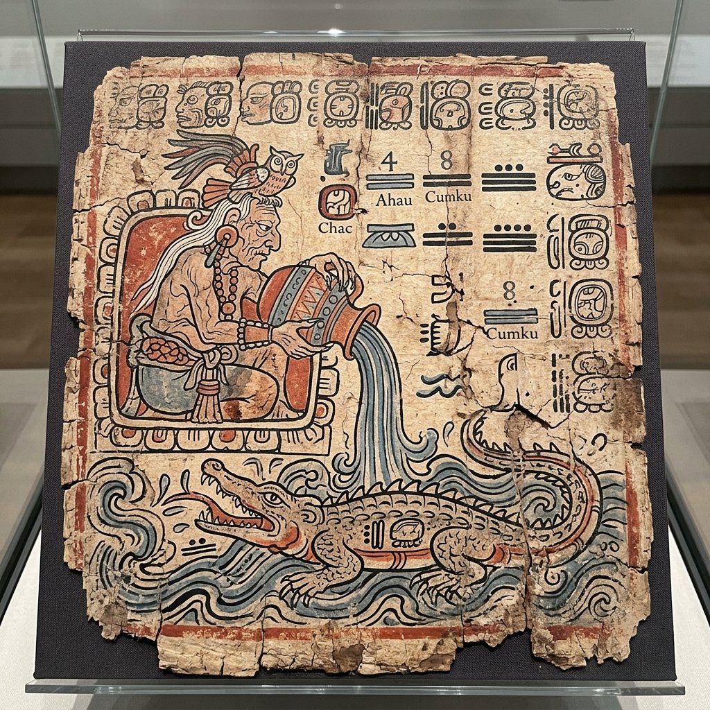 Dresden Codex page showing an aged goddess with clawed hands pouring water from a vessel causing the cosmic flood, with a crocodile serpent below