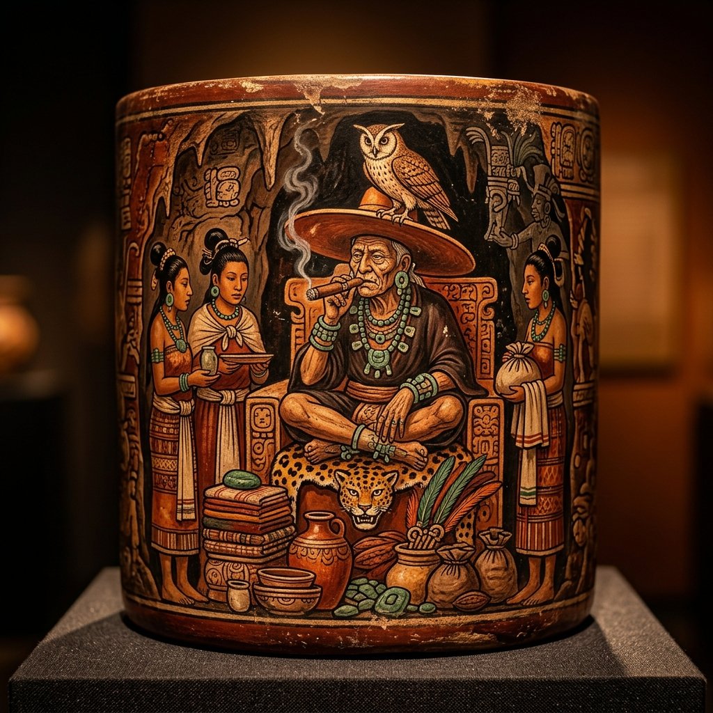 Ancient Maya polychrome ceramic showing an underworld merchant lord on a throne wearing a broad-brimmed hat with an owl, smoking a cigar