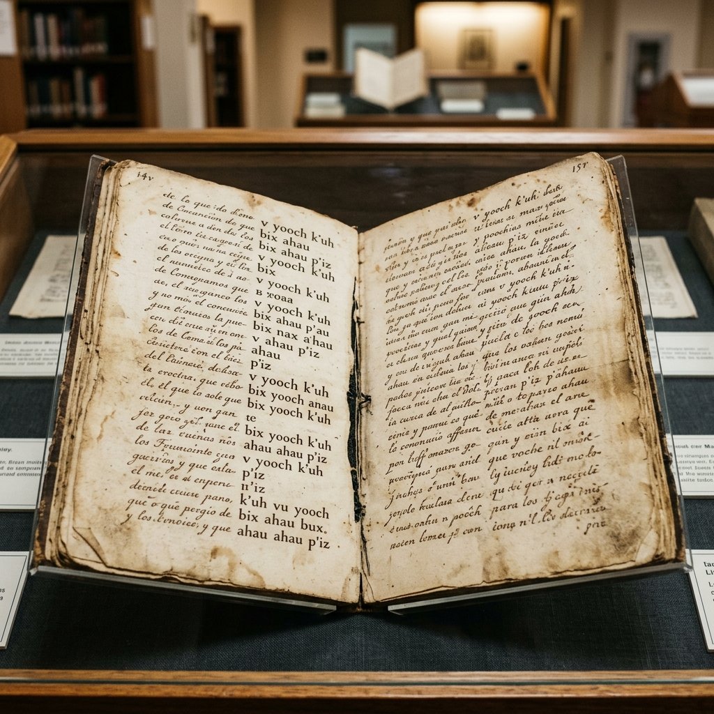 Aged colonial-era manuscript pages with handwritten text in Spanish and Yucatec Maya, displayed under glass in a museum archive