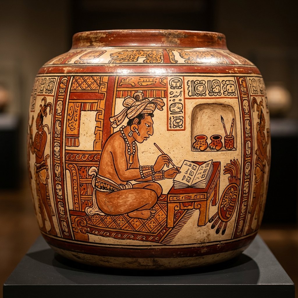 Ancient Maya painted ceramic vessel showing a scribe figure seated cross-legged writing in a codex book with brush pen