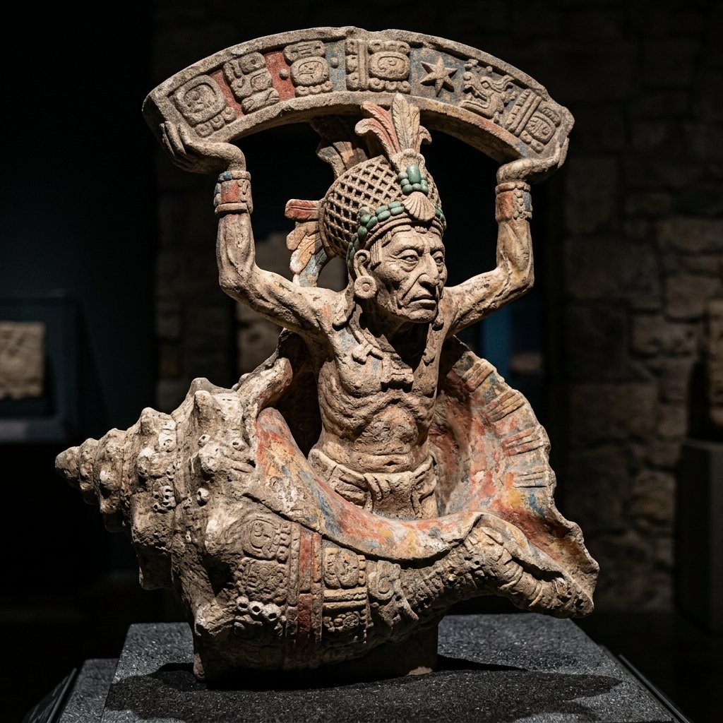 Ancient Maya carved stone figure of an elderly god Pawahtun emerging from a conch shell with arms raised to support the sky