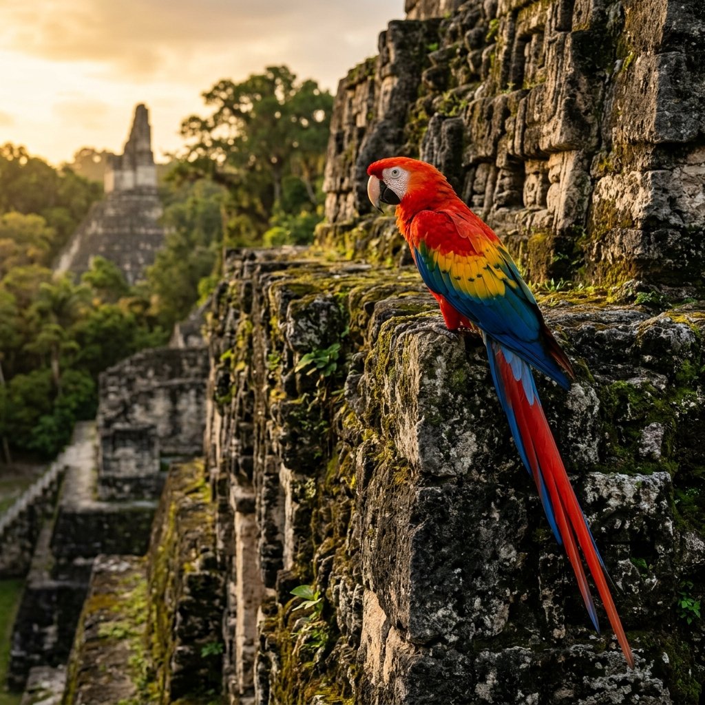 A scarlet macaw with brilliant red blue and yellow plumage perched on an ancient Maya stone temple ruin covered in moss, golden hour light