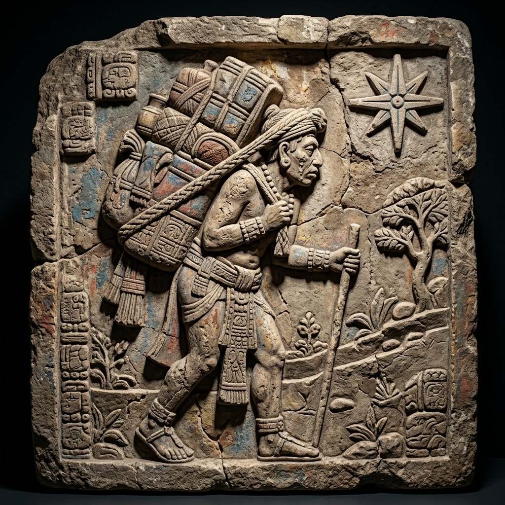 Ancient Maya carved stone relief showing a merchant figure carrying a heavy pack supported by a tumpline, with a star symbol behind him