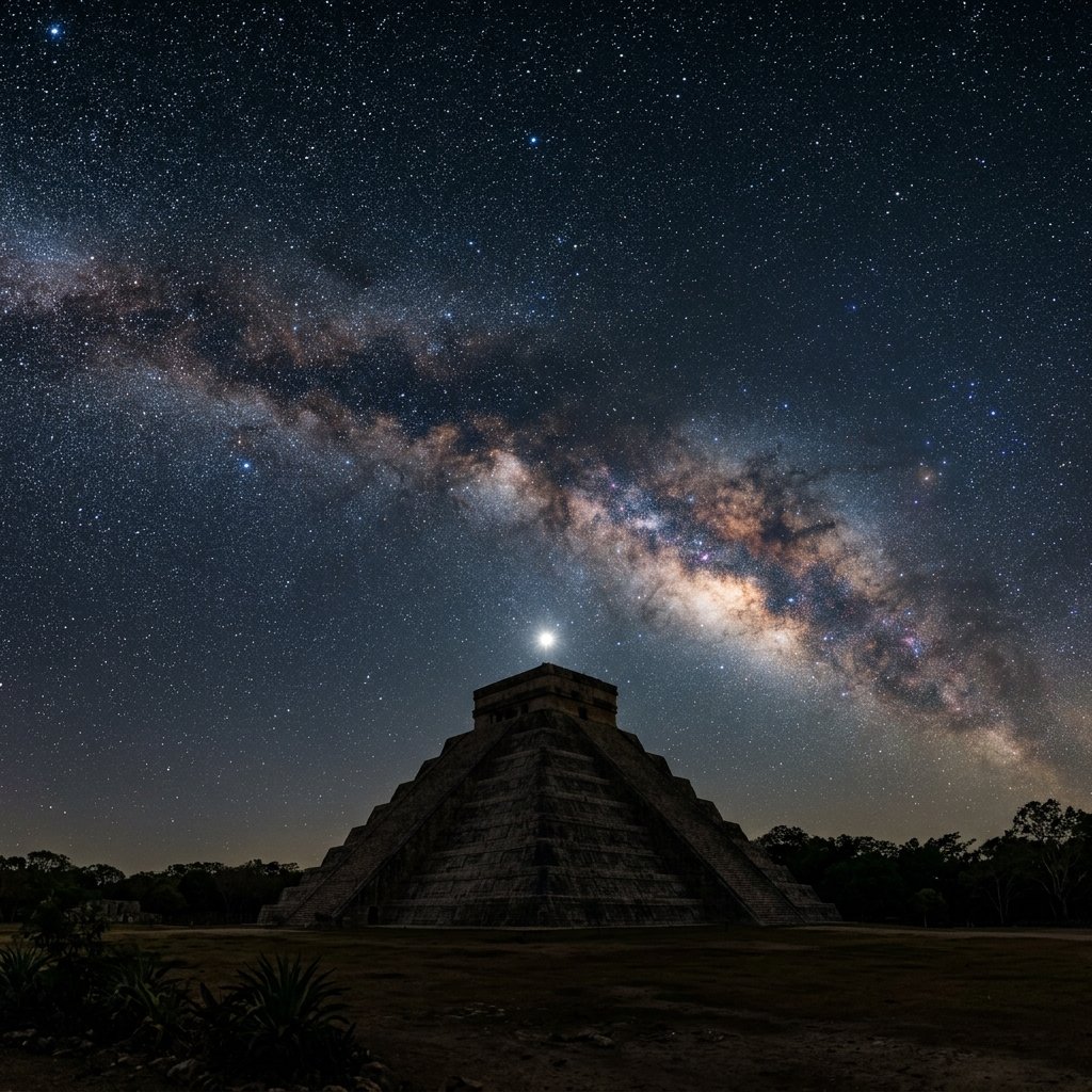 Night sky photograph over an ancient Maya pyramid ruin with the North Star shining brightly above the temple summit and Milky Way arcing across the sky