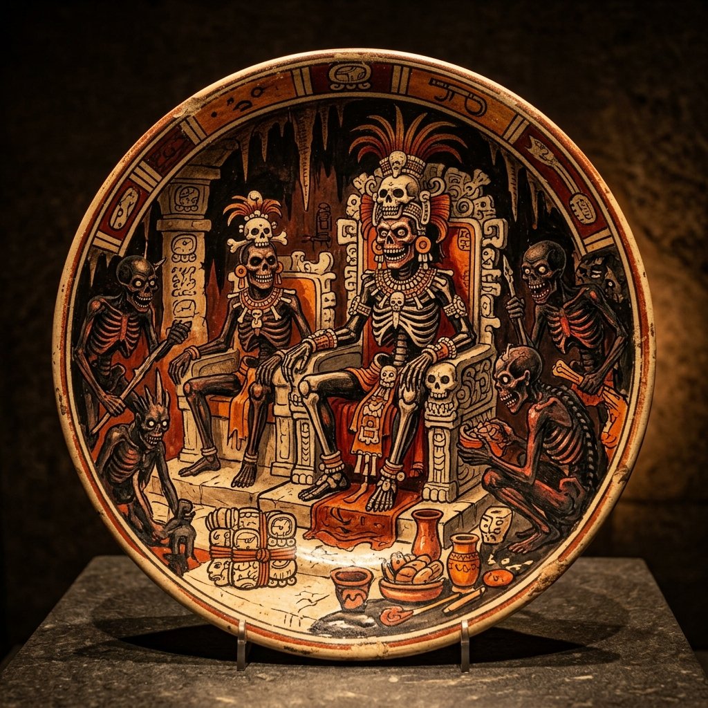 Ancient Maya polychrome ceramic plate showing skeletal death lords of Xibalba seated on thrones in the underworld