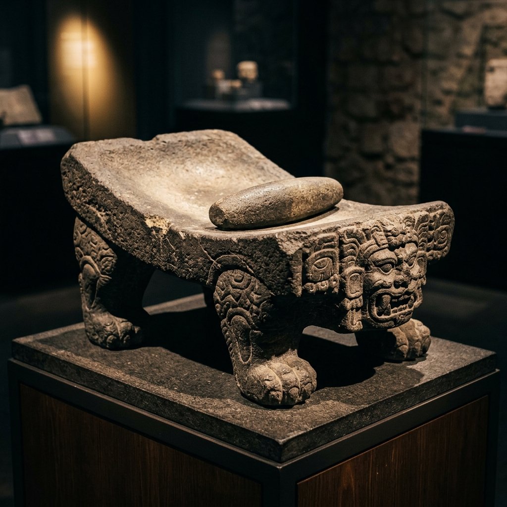 Ancient Maya carved stone metate grinding stone with jaguar legs and a deity face, worn smooth from centuries of use, displayed on a museum pedestal