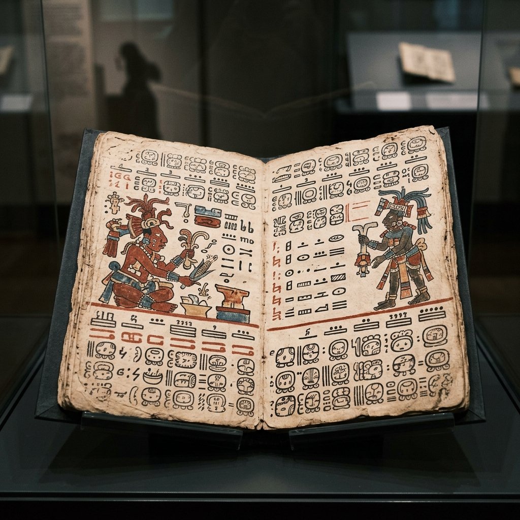 A page from the Dresden Codex showing painted Maya deity figures and hieroglyphic text on folded bark paper, with figures painted in red, black, Maya blue, and yellow