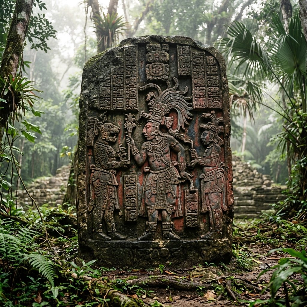 An ancient Maya stone stela carved with deity figures in bas-relief, surrounded by jungle vegetation at an archaeological site, with traces of original pigment visible on the weathered limestone