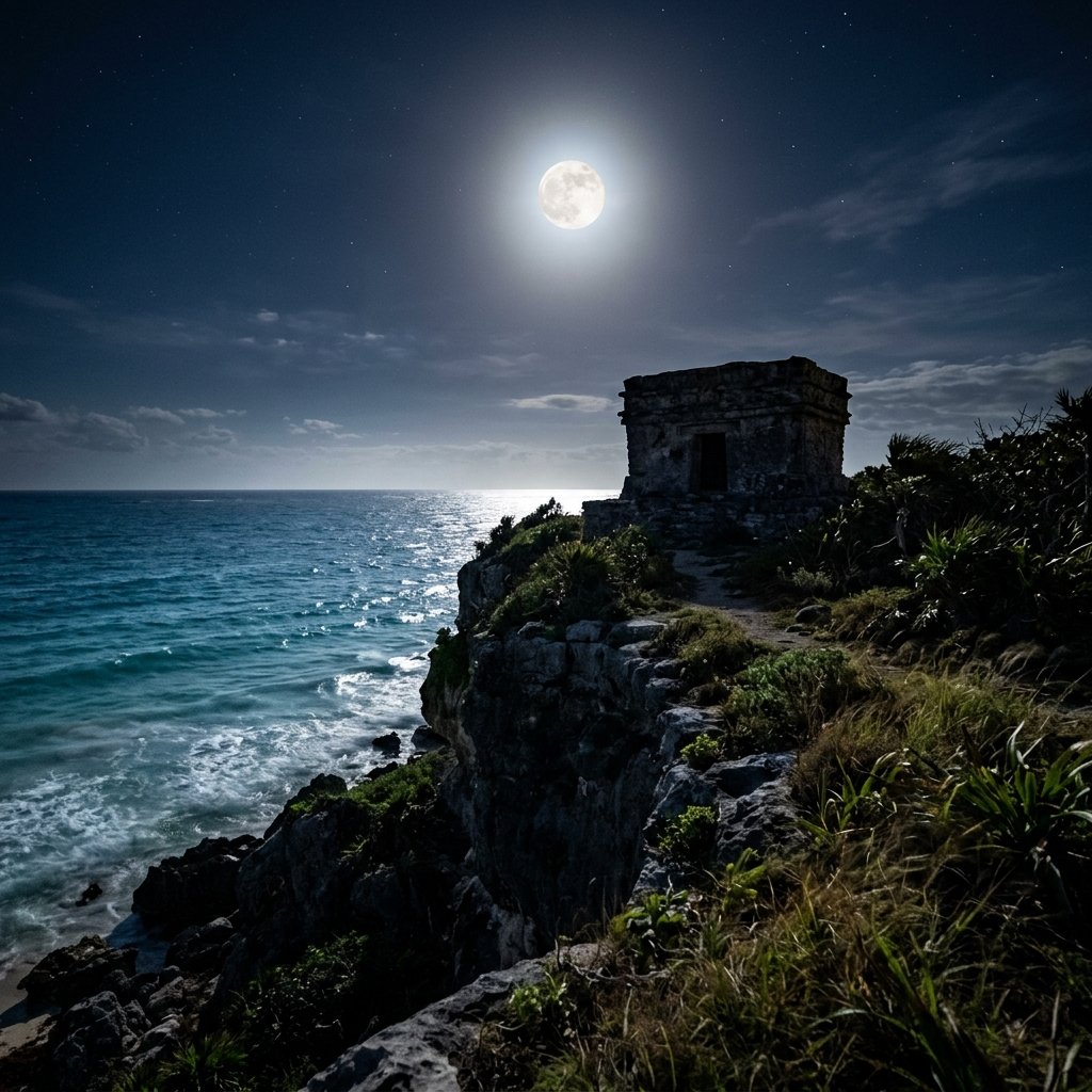 A small ancient Maya temple ruin on the clifftop at Tulum overlooking the Caribbean Sea under a full moon, the weathered limestone structure silhouetted against the moonlit sky