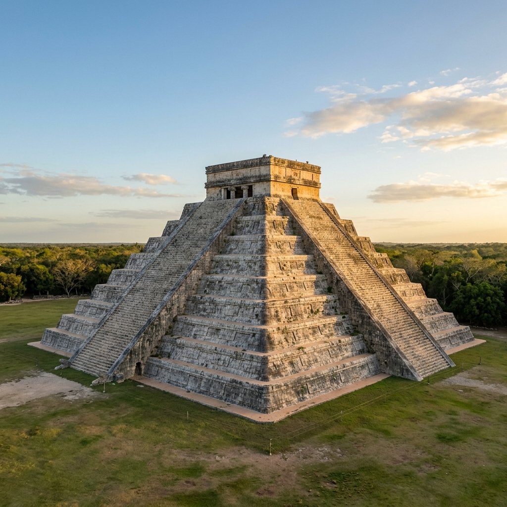 El Castillo pyramid at Chichen Itza during the equinox, showing the famous serpent shadow effect descending the north staircase balustrade in late afternoon golden light