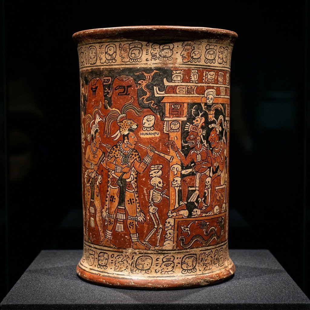 An ancient Maya painted ceramic vessel showing a mythological scene, painted in the classic Maya polychrome style with red, orange, black and cream colors on a cylindrical form