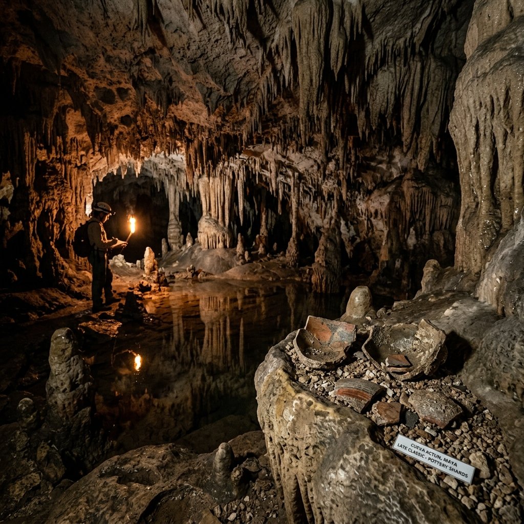 The interior of a dramatic limestone cave in the Maya lowlands with stalactites, stalagmites, and a subterranean pool, with ancient Maya pottery shards visible on a limestone shelf — caves were considered entrances to Xibalba