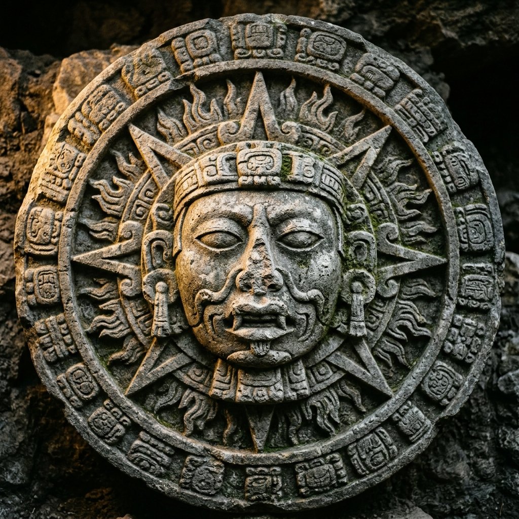 Ancient Maya stone carving of the Haab' solar calendar sun face