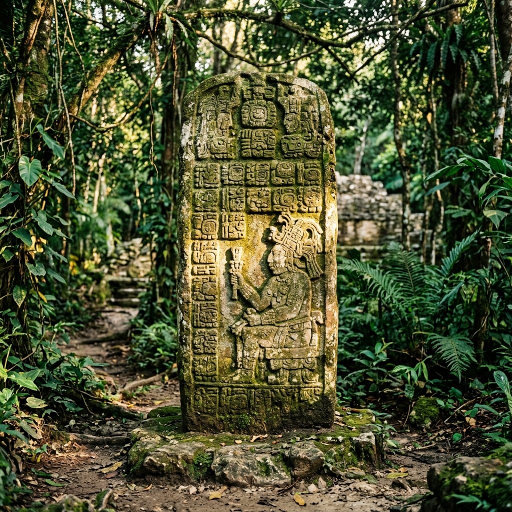 A weathered Maya limestone stela with calendrical date glyphs standing in humid jungle air, dappled golden light filtering through the canopy