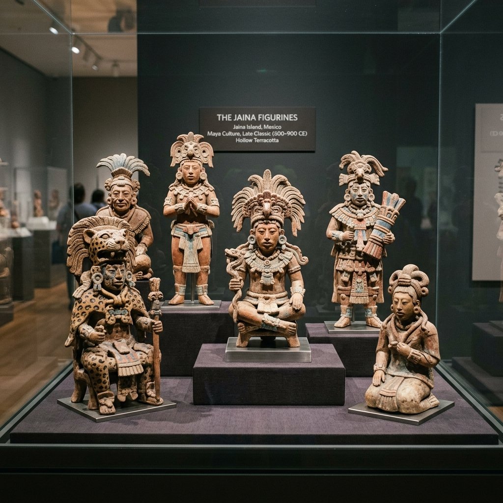 Collection of Maya Jaina figurines in museum display
