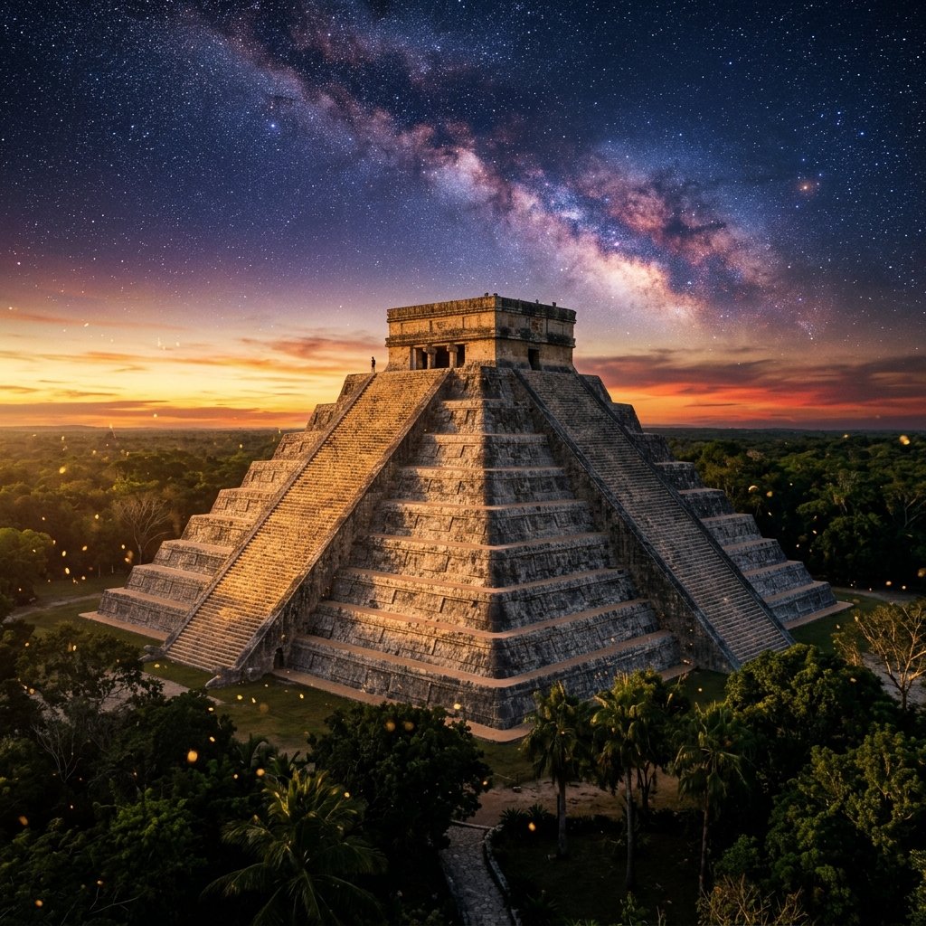 Ancient Maya temple rising above the jungle canopy at golden hour with the Milky Way emerging