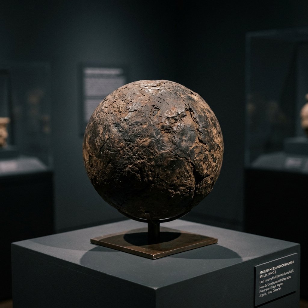 An ancient Mesoamerican solid rubber ball approximately 15cm in diameter, displayed on a museum pedestal, showing its dark brown aged surface