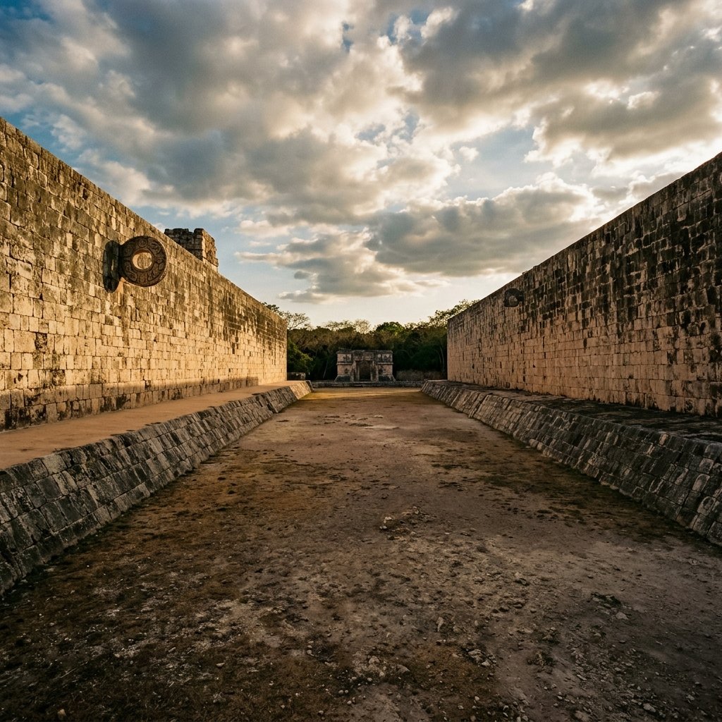 The Great Ball Court at Chichén Itzá — a long rectangular stone playing field flanked by high sloping walls, with a carved stone ring goal visible on one wall, under a dramatic sky