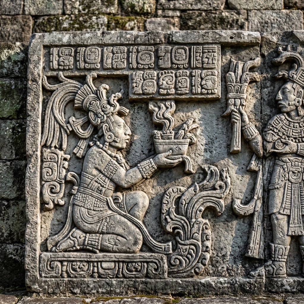 Close-up of an ancient Maya carved stone relief panel on a ball court wall, showing intricate carved figures and Maya hieroglyphic text, with dramatic raking light emphasizing the carved detail