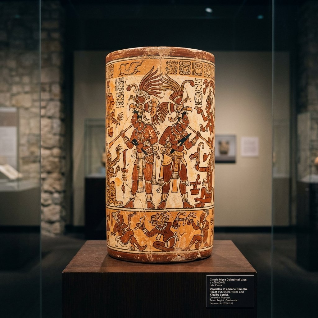 A Classic Maya painted ceramic vase showing a polychrome scene of underworld mythology with supernatural figures in elaborate headdresses, painted in fine black line with red, brown, and ochre pigments on orange and cream background