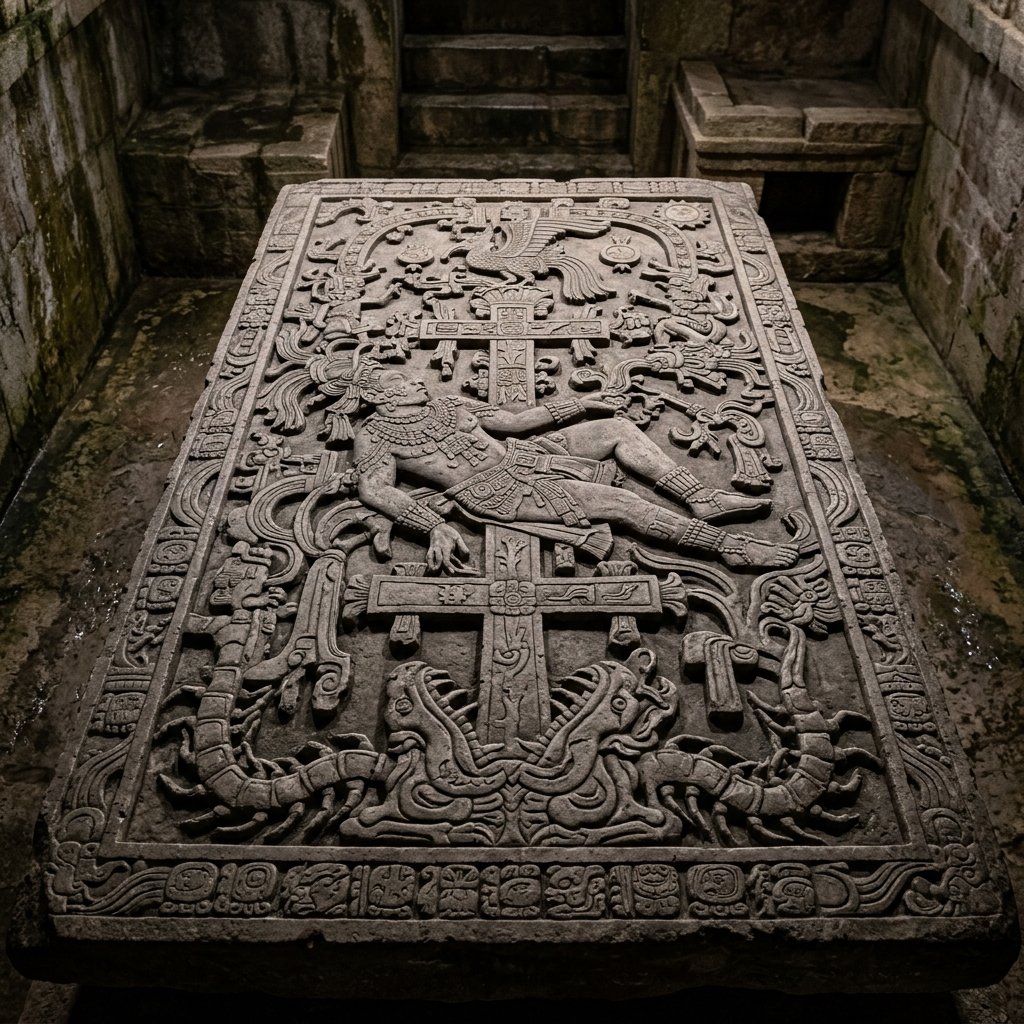 The carved sarcophagus lid of Pakal the Great from Palenque, densely carved with cosmic symbols including the World Tree, celestial bodies, and the king descending into the underworld