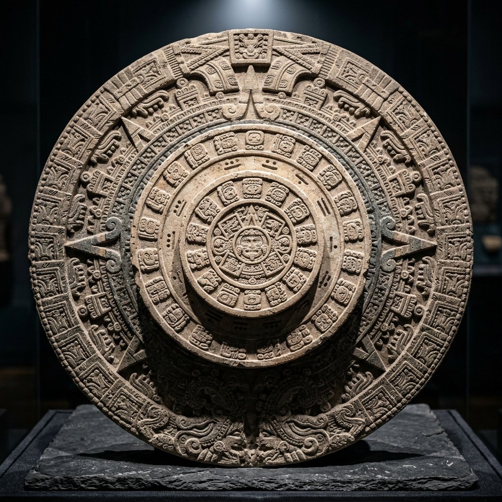 Artistic museum-style interpretation of the Maya calendar system composed of intricately carved overlapping stone discs of different sizes, sitting on a dark background, dramatic overhead lighting